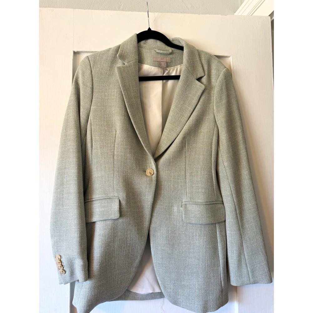 H&M Textured Tweed Blazer Single Button Sage Green Longline Lined Jacket Size S